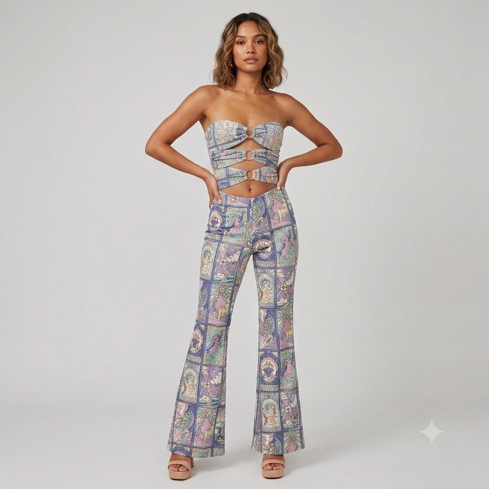 Oceanus Eden Cutout Flared Jumpsuit Purple Metallic Multi Zodiac Print Sz Medium